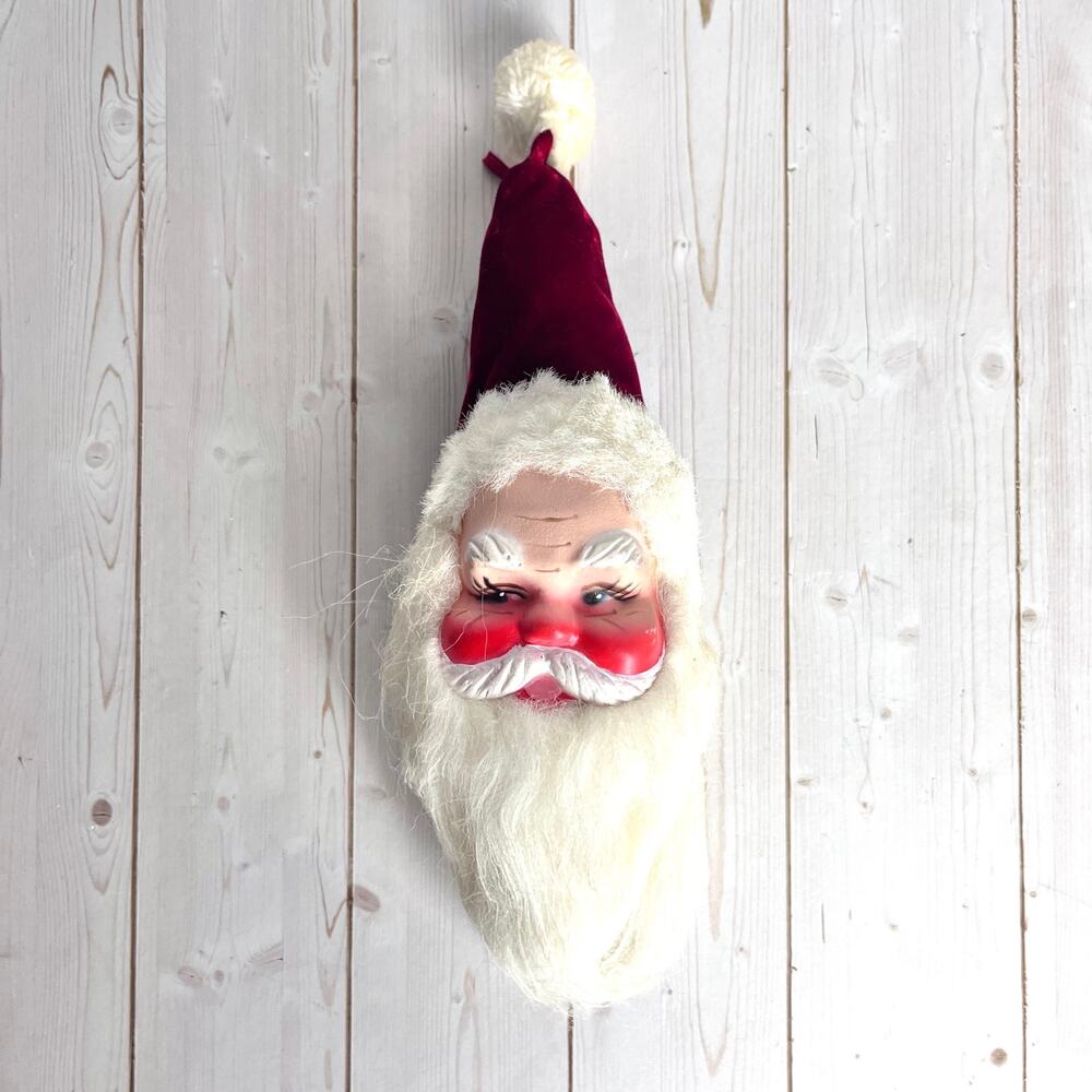 Vintage Mid-Century Santa Head Ornament Molded Plastic Hand Painted Face Retro